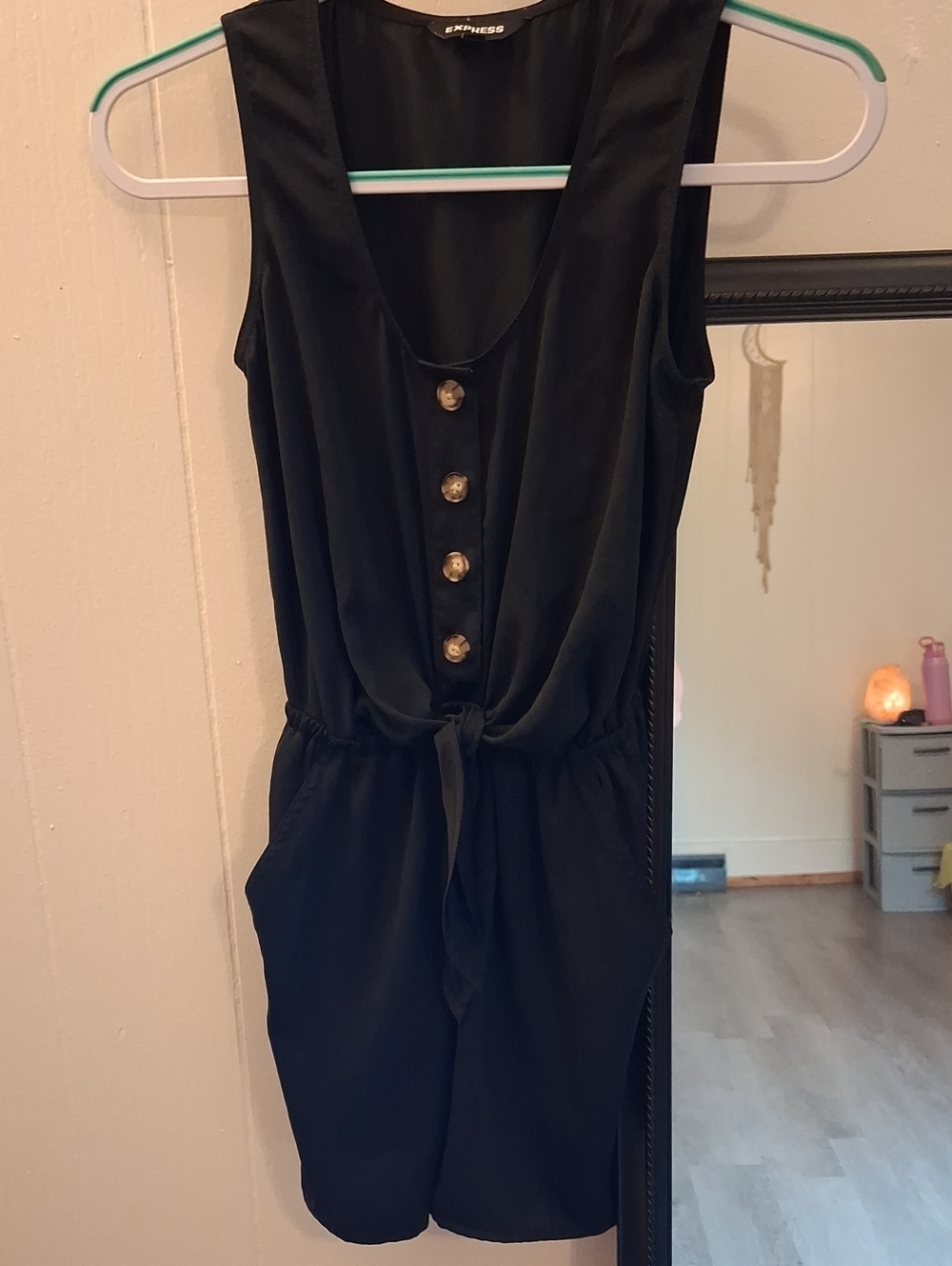 Express Black Sleeveless Shorts Romper with Tortoise Shell Buttons Elastic Waist